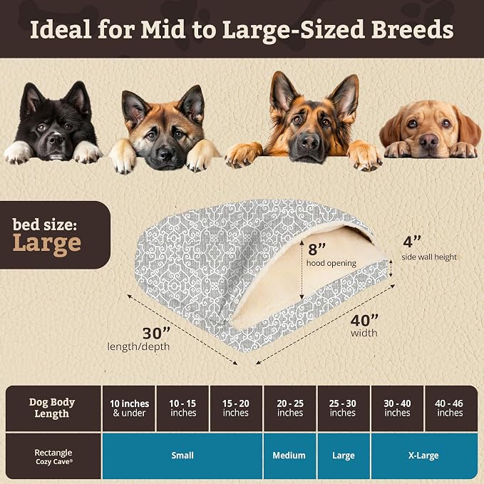 Snoozer Rectangle Cozy Cave Dog Bed - Indoor Dog Bed with Cover Cave, Covered Calming Burrow for Medium & Large Sized Pets with Blanket Attached, Enclosed, Washable Cover - Large, Ramey Gray