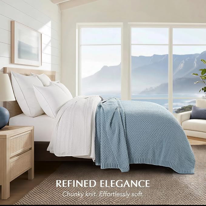 EVERGRACEHOME Chunky Chenille Knit Throw Blanket for Couch, Soft Luxurious Oversized Queen Moss Stitch Blanket for Bed, Cozy Farmhouse Knitted Throw for Sofa, Chambray Blue, 90" x 90"