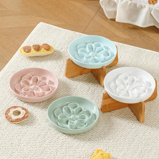 PTOBER Elevated Slow Feeder Cat Bowl - Melamine Cat Dish with Anti-Slip Bamboo Stand - Whisker Friendly Feeding Bowl - Floral Maze Food Plate for Slow Eating - White