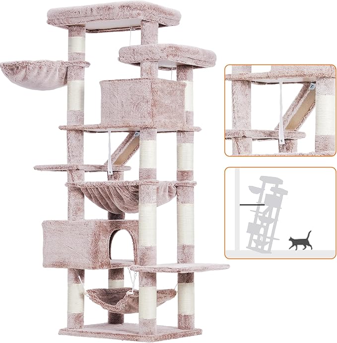 Heybly Cat Tree, 71-Inch-Tall Tower for Indoor Cats with 2 Perches, 2 Big Condos, 2 Hammocks, Basket, Scratching Pad, Large Cat Furniture and Condo, Mushroom HCT034MU
