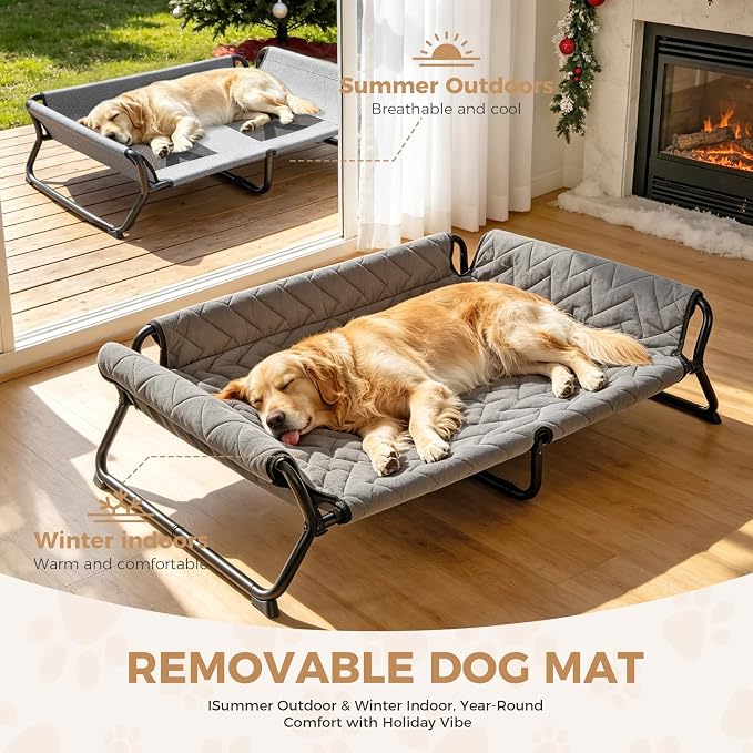 Elevated Dog Bed with Bolster, 2-in-1 Raised Dog Cot for Large Dogs up to 90 lbs, Removable Machine Washable Cushion, Stable X-Frame Dog Sofa Bed for Indoor Covered Outdoor Use