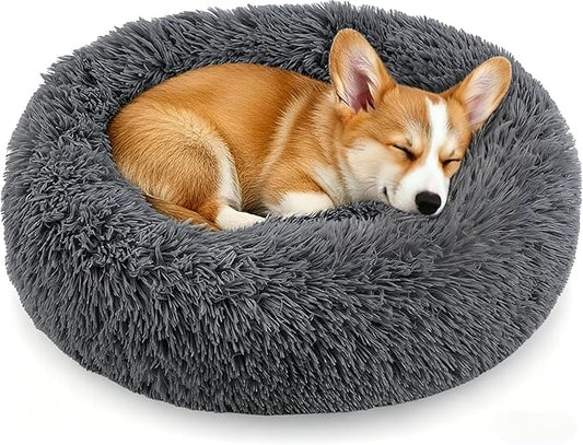 Calming Anti-Anxiety Donuts Dog And Cat Bed, Round Fluffy Soft Washable Small Medium Pet Bed For Puppy And Kitten, Cuddler Warming Comfortable Luxury Anti-Slip Waterproof Mute Base 24in Dark Gray