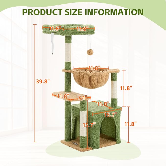 Cat Tree for Indoor Cats, 39.8-inch Cat Tower with 2 Plush Perches for Play & Rest, 1 Cozy Hideaway, Dangling Toy & Full Sisal Scratching Posts for Small Cats, Green