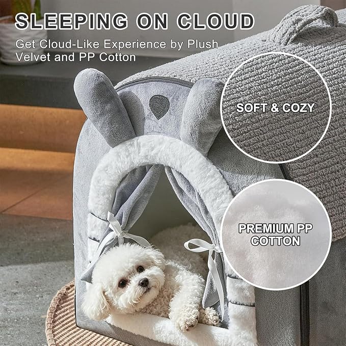 Jiupety Small Dog House Indoor, Cat House with Door Curtain Design, Puppy House with Reversible Washable Cushion, M Size Portable Pet Cave for 7-13 lb Cats and 5-11 lb Dogs, Non-Slip Bottom, Grey