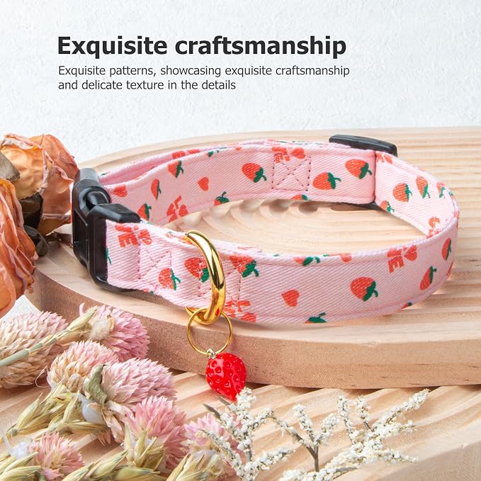 Cotton Handmade Dog Collar Cute and Distinctive Patterns Pink Strawberries with Pendant for Girl Boy Dogs Collars M