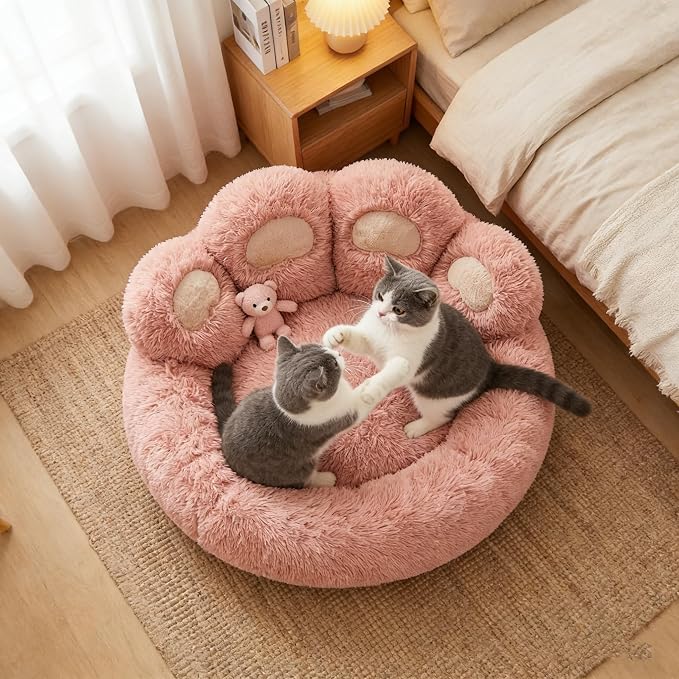 Cat Paw Shaped Cat Bed, Long Plush Calming Cat Bed for Indoor Cats, Washable Pet Bed with Anti-Slip Bottom, Soft Cozy Bed for Small Medium Large Cats & Dogs (Pink, Small)