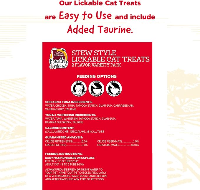 Country Kitchen Stew Style Lickable Cat Treats, 2 Flavor Variety Pack, Includes Tuna & Whitefish and Chicken & Tuna Made with Real Meat, 5 oz. Tubes, 12 Count