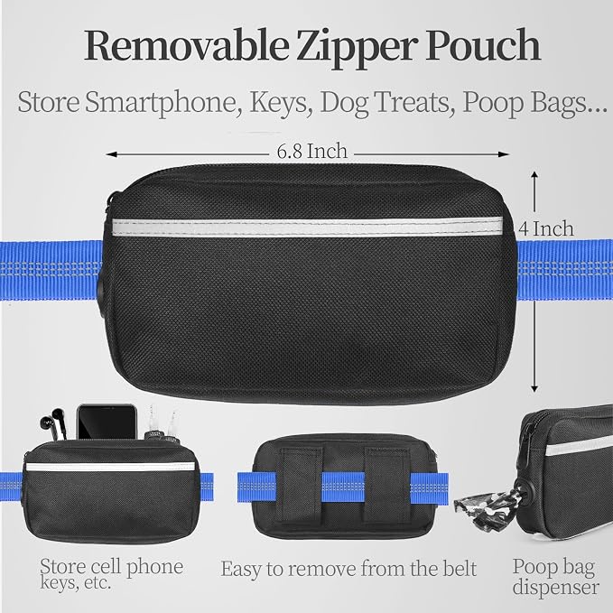 iYoShop Hands Free Dog Leash with Zipper Pouch, Dual Padded Handles and Durable Bungee for Walking, Jogging and Running Your Dog (Large, 25-120 lbs, Royal Blue)