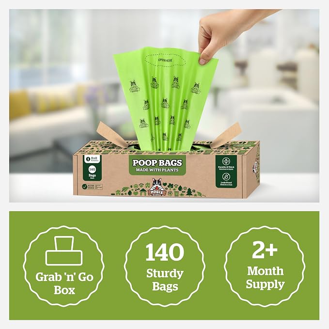 Pogi's Compostable Poop Bags for Home & Yard – Leak-Proof, Extra-Large, Made with Plants (Single Roll, 140-Count)