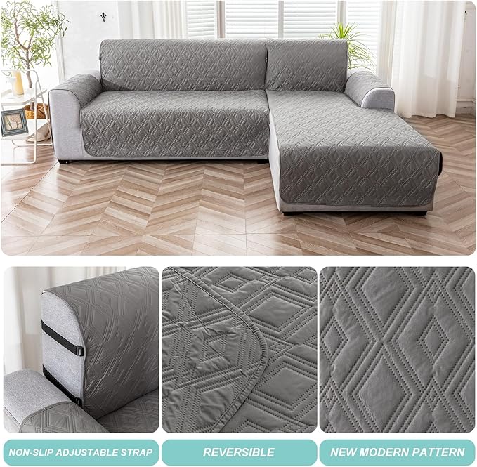 Genina Sectional Couch Covers for Dogs L Shaped Sofa Covers Chaise Lounge Cover Reversible Couch Covers for Sectional Sofa L Shape Furniture Protectors Cover for Pets, Kids (Gray, Small)