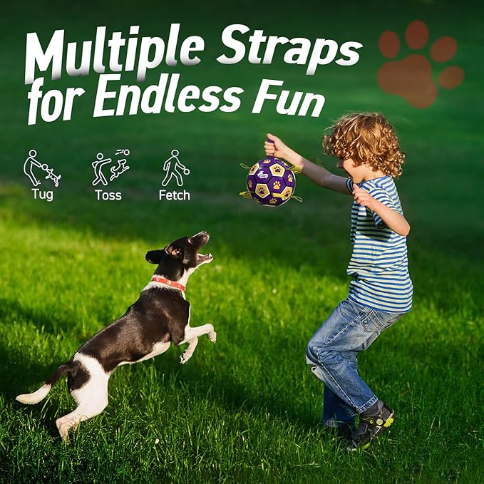 QDAN Dog Ropes Toys, Soccer Ball with Straps, Interactive Dog Toys for Tug of War, Dog Water Toy, Durable Balls for Medium Large Dogs（8 Inch）