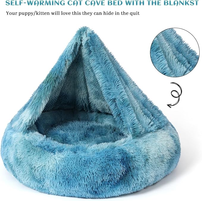 Calming Donut Dog Bed with Hooded Blanket – Plush Fluffy Cave Bed for Small & Medium Dogs, Machine Washable Anti-Anxiety Pet Bed for Cats