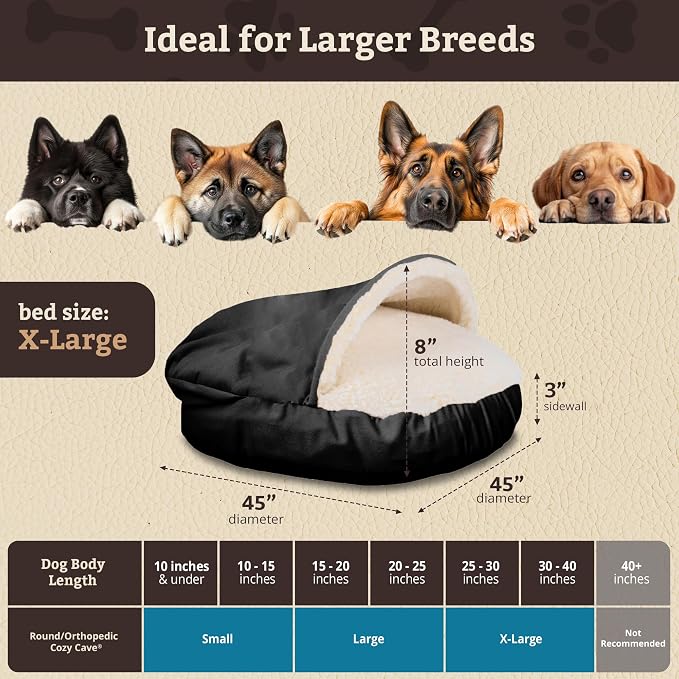 Snoozer Cozy Cave Dog Bed - Indoor Dog Bed with Cover Cave, Covered Calming Burrow for Medium & Large Sized Pets with Blanket Attached, Enclosed, Removable Washable Cover - XL, Black