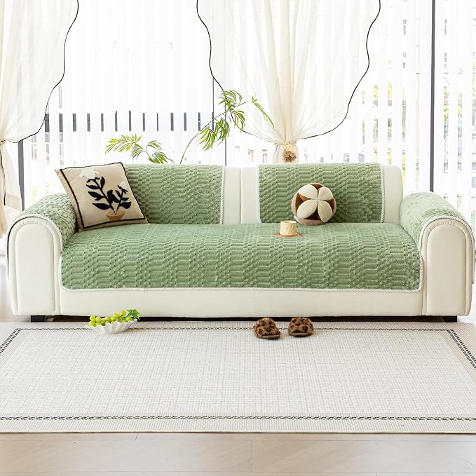 Plush Warm Sofa Covers Washable, Funny Fuzzy Couch Cover for Dogs Washable, Non-Slip Couch Covers for Loveseat, Soft Sofa Slipcover for Pet & Kid(1PC, Green, 36"×71", 2-3 Seater)