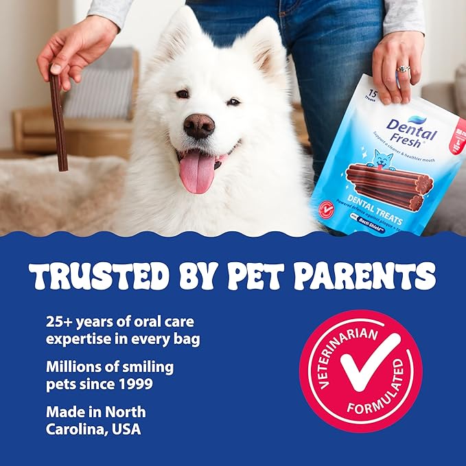 Dental Fresh Dental Treats for Large Dogs, Vet-Formulated Teeth Cleaning Dental Sticks to Help Reduce Plaque and Tartar and Freshen Breath, 15 Count Brush Free Dental Chews for Dogs 50 lbs and Up