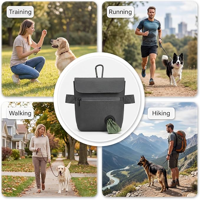 Dog Treat Pouch and Dog Training Clicker, Treat Bag with Poop Bag Dispenser, Powerful Magenetic Clasp, Metal Clip Waist Belt Fanny Pack for Pet Walk Dog Training (Dark Grey)