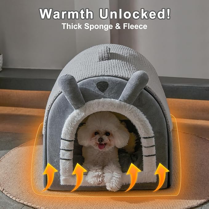 Jiupety Cute Small Dog Cave Bed with Door Curtain Design, Dog House with Reversible Washable Cushion, L Size Portable Puppy House for 14-22lb Cats and 12-17 lb Dogs, Non-Slip Bottom, Grey