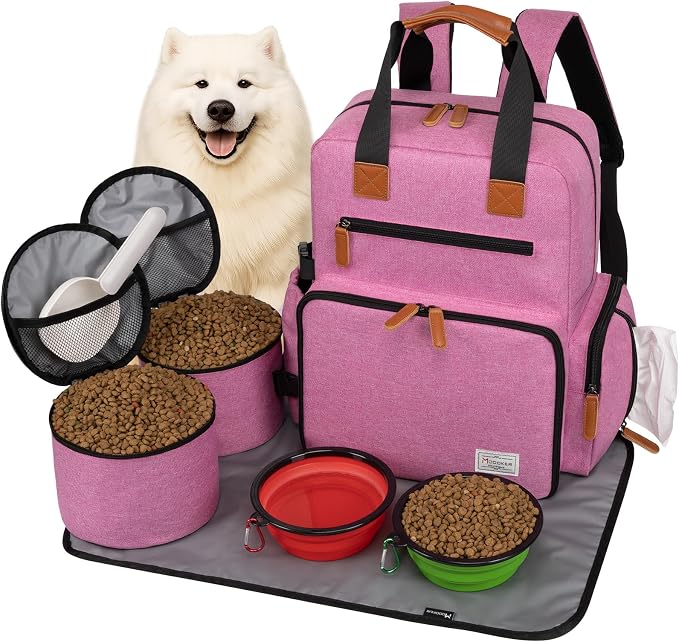 Modoker Dog Travel Bag, Airline Approved Backpack for Pet Accessories Organizer with 2 Food Storage, 2 Collapsible Bowls, Pink