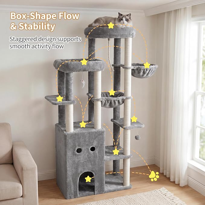 Heybly Cat Tree, 69.7 inches Secure Anti-Tip Cat Tower for Large Cats, Expansive Cat Furniture with Dual-Tier Cat Condo Villa, 2 Top Perches, Hammock & Full Sisal Scratching Posts, Light Gray HCT065W