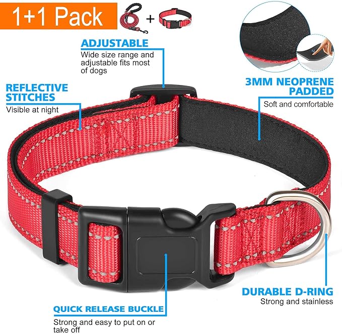 Ladoogo Reflective Dog Collar Padded with Soft Neoprene Breathable Adjustable Nylon Dog Collars for Small Medium Large Dogs (Small (Pack of 1), Red Collar+Leash)