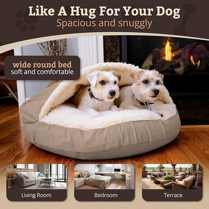 Snoozer Cozy Cave Dog Bed - Indoor Dog Bed with Cover Cave, Covered Calming Burrow for Small Sized Pets with Blanket Attached, Enclosed, Removable Washable Cover - Small, Buckskin