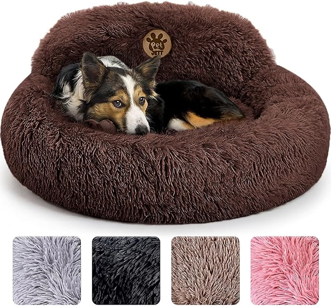 PetJett Calming Dog Bed Medium Size Dog - 30'' Donut Bed, Anti-Slip & Washable Super Soft Fluffy Plush Round Bed, Anti-Anxiety Premium Comfort Pet Bed, Fits Dogs up to 45 lbs - Brown