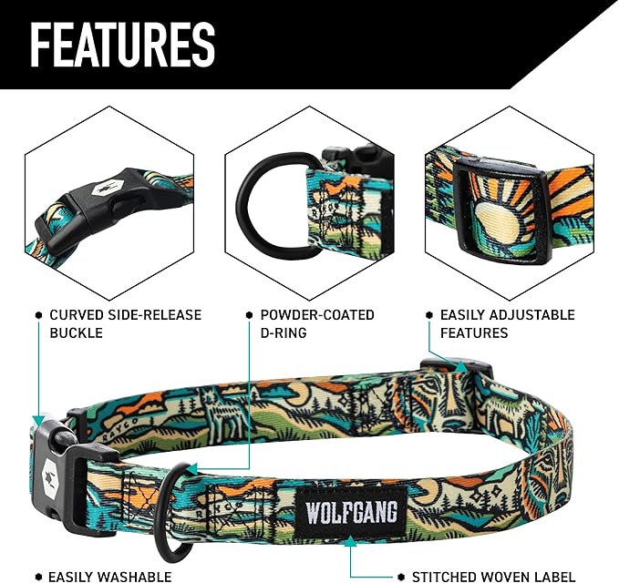 Wolfgang Heavy Duty, Adjustable Dog Collar with Quick Release Nylon Buckle for Walking & Training, WildWolf Print, Medium