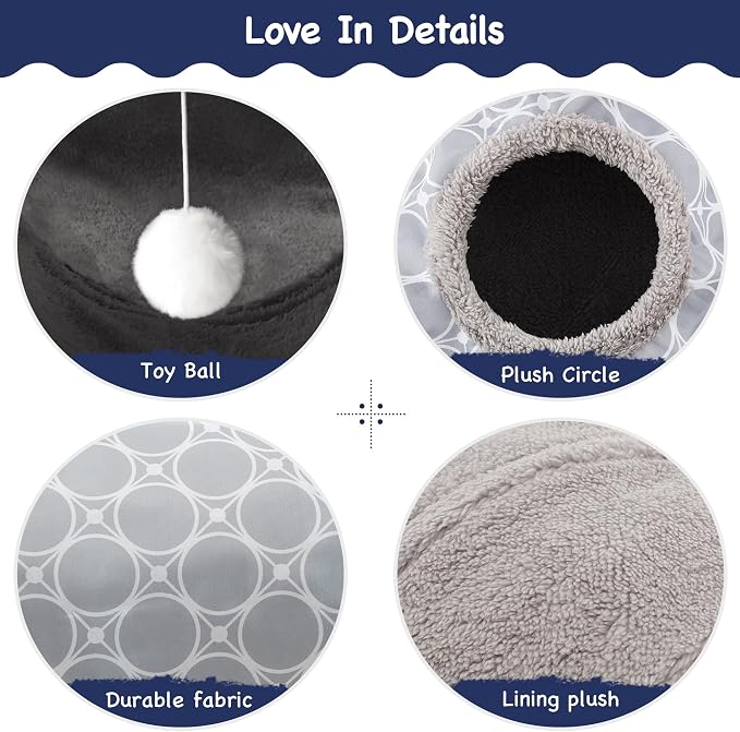 Tempcore Cat Tunnel for Indoor Cats Fleece-Lined in for Warmth, 3 Way Collapsible Pet Play Tunnel with Teaser Wand, Peek Holes & Hanging Ball, Interactive Tube for Kittens & Rabbits, Geometry Grey