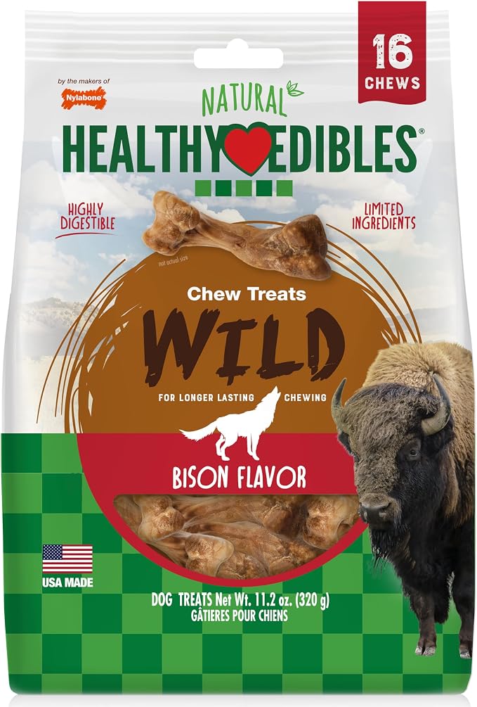 Nylabone Healthy Edibles WILD Natural Dog Chew Treats, Bison Flavor, Small Dogs Up to 20 lbs - Made in USA (16 Count)