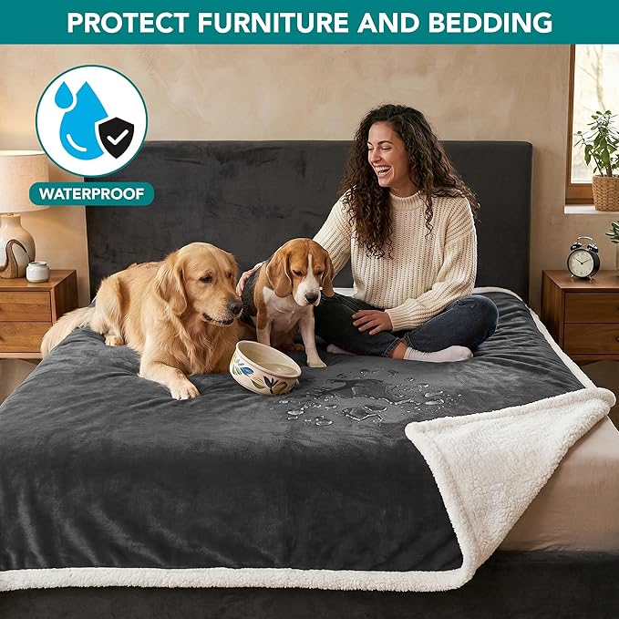PetAmi Waterproof Dog Blanket for Couch, Extra Large 80x60, Pee Proof Sherpa Fleece Reversible Pet Throw, Furniture Protector for Bed Sofa Crate Kennel, Soft Washable Cover for Dog Cat, Grey