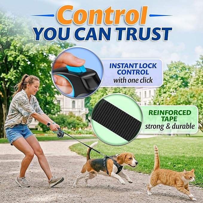 16.4 ft Retractable Dog Leash for Dogs 10–100 lbs - Heavy Duty Tape Leash with Strong Nylon Tape - 360° Swivel Control - One-Click Brake & Lock - Ergonomic Non-Slip Grip for Safe & Easy Daily Walks