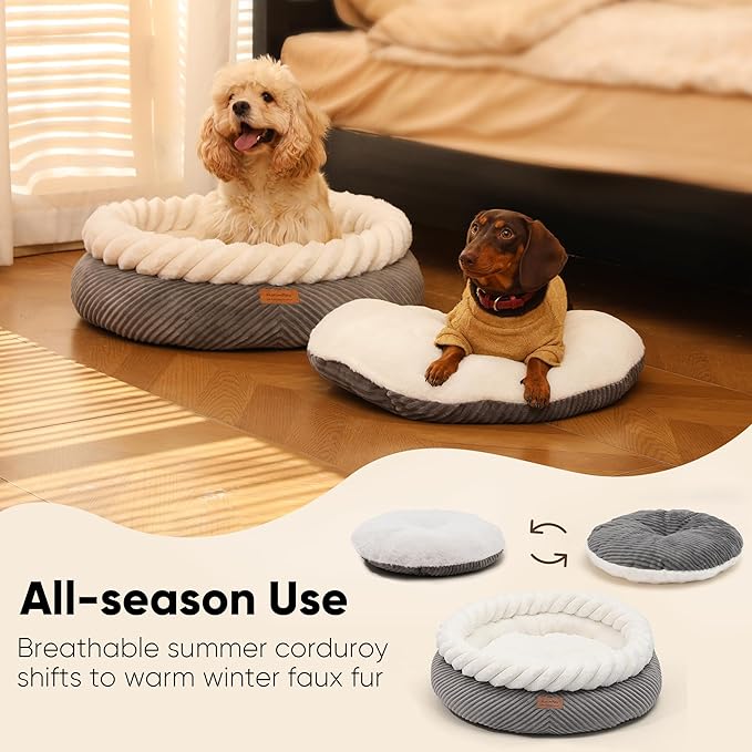 FUKUMARU Dog Bed, 25in Large Round Cat Beds, Plush Faux Fur&Corduroy Cat Beds, Cute Round Washable Pet Bed for Large Cats and Small Dogs, Cat Cave with Anti-Slip Bottom, 25inch, Grey