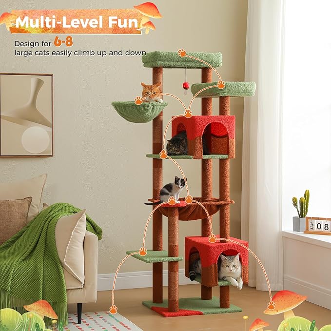 69” Cat Tree for Indoor Cats Large Adult, Multi-Level Cat Tower with Scratching Post, Dual Top Perches, Big Hammock, 2 Condos & Bat Toy Ball, Cat Furniture for Multi-Cat Households, Brown
