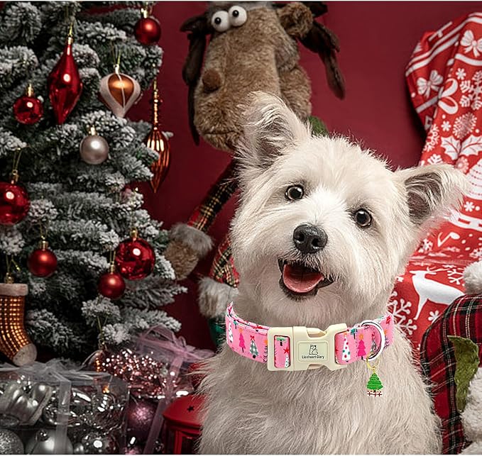 Lionheart Glory Christmas Dog Collar, Pink Christmas Tree Adjustable Soft Comfortable Collar for Medium Dogs for Girls or Boys