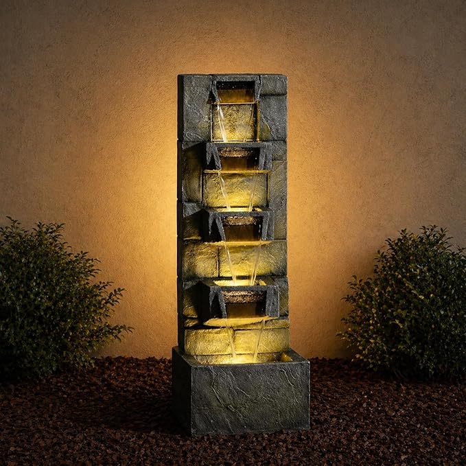 Outdoor Waterfall Fountain with LED Lights, 41” Tall Stone-Look Cascading Water Feature for Home Décor, Realistic Flowing Water Sound for Relaxation, Freestanding Indoor/Outdoor Fountain