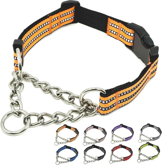 Martingale Dog Collars, Reflective Nylon Collar with Stainless Steel Chain, Adjustable Walking Training Dog Collars with Quick Release Buckle, Suitable for Small Medium Large Dogs(Orange,L)