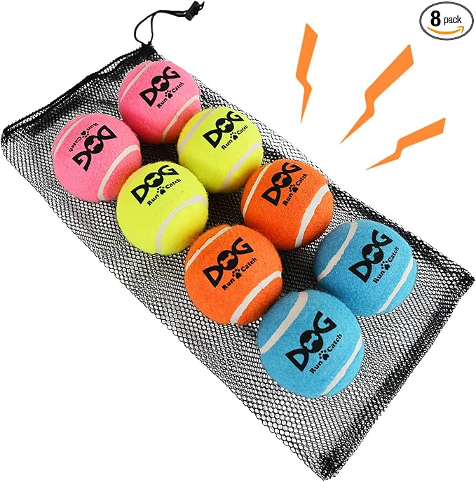 INSUM Large Squeaky Tennis Balls for Dogs - 8 Pack 3.0'' Durable Non-Toxic Outdoor Dog Toys Balls with Mesh Bag, SGS Certified, Colorful Fetch Toys, Medium Large Breeds