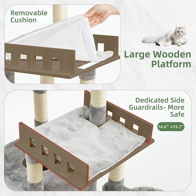 Gitelsnour Cat Tree for Indoor Cats Large Adult, Heavy Duty Cat Tree for Large Cats 20 lbs+, Cat Condo with Big Wooden Perch, Cat Tower with 14 Scratching Posts, Hammock, Light Gray GCT023W