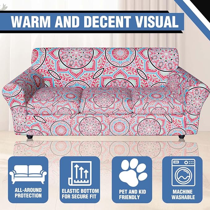 Stretch Couch Covers for 3 Separate Cushion Couch Sofa,Floral Printed Couch Sofa Cover,Washable Sofa Slipcover,Pet Friendly Furniture Protector with Elastic Bottom,Universal Fit for Home(Sofa,Cover)