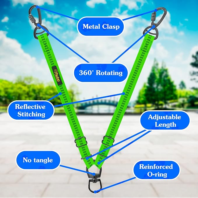 Dog Leash – Dual Reflective with Non-Tangle Design – Heavy Duty Nylon and Metal Buckles – Ideal (Green, 2 Dog Leash)