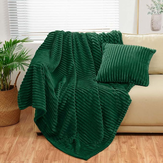 Bnuitland Dark Green Flannel Throw (50X71 inches) with Pillow Cover(18×18"),300GSM Super Soft Fleece Stripe Pattern Sofa Blanket, Lightweight Cozy Bed Throw for Home Decor All Season
