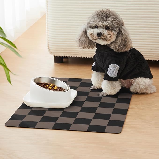 Checkered Dog Feeding Mat, Absorbent Mats for Dog Food and Water Bowl, Dispenser, Aesthetic Orange Checkerboard Pet Placemat for Dogs, Cats, Puppy Accessories (Brown, 16 x 24)