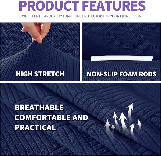 ZNSAYOTX Oversized Super Stretch Couch Cover (92"-115"), New Striped Sofa Covers Comfortable & Durable, Dog Cat Pets Friendly Extra Large Spandex Sofa Slipcovers (Navy Blue, XL Sofa)