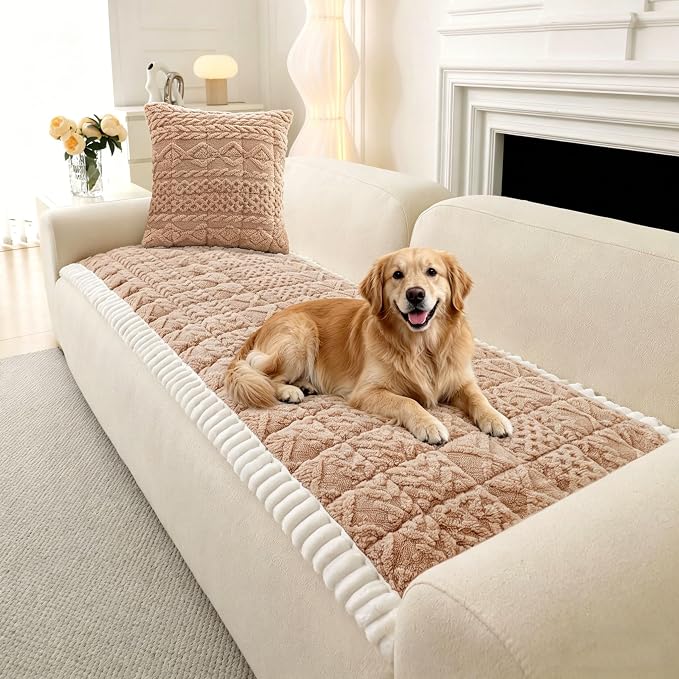 OTOB Couch Cover for Dogs Washable Pet Friendly, Non Slip Plush Fuzzy Love Seat Couch Covers Sofa Slipcovers, Geometric Jacquard Soft Pet Cushion Mat Protector All Seasons, (Camel, 27.6" x 59.1")