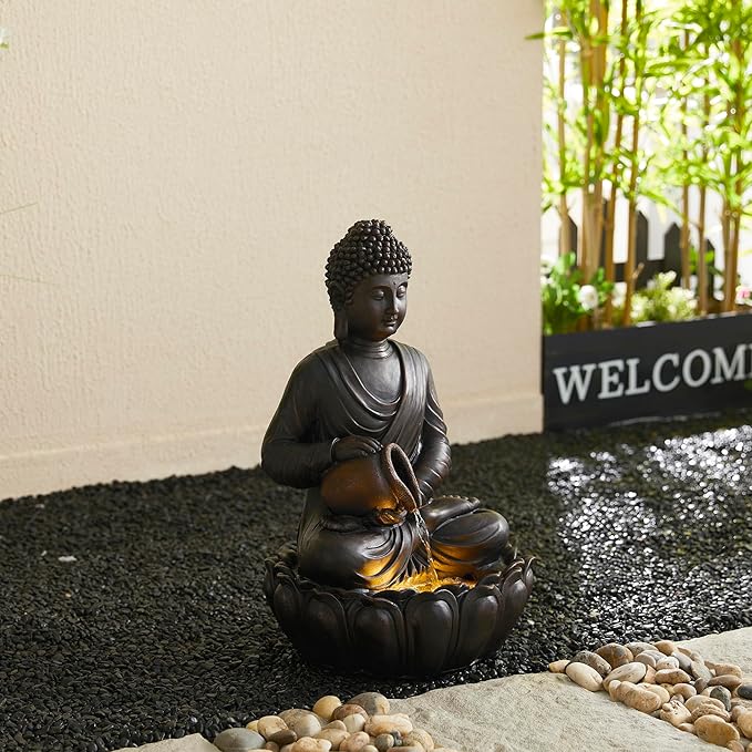Glitzhome Buddha Fountain Outdoor 2 Tier Zen Style Buddha Water Fountains with Pump & LED Light, Buddha Fountains and Waterfalls Outdoor Floor Fountain Buddha Statues for Garden Patio Backyard 20.5"H
