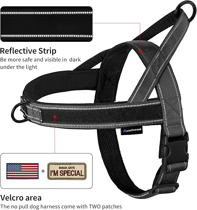 Annchwool No Pull Dog Harness with Soft Padded Handle,Reflective Strip Escape Proof and Quick Fit to Adjust Dog Harness,Easy for Training Walking for Small & Medium and Large Dogs(Black,S)