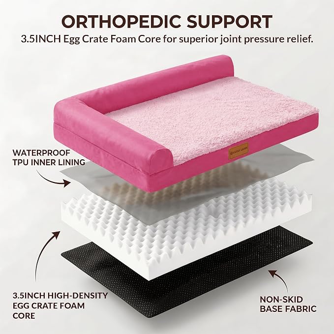 Patas Lague Orthopedic Dog Bed Large Sized Dog 36''X24'', Waterproof L Bolster Medium Pet Sofa Beds with Removable Washable Cover, Soft Pet Couch Crate Mat with Nonskid Bottom, Pink