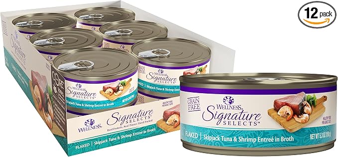 Wellness CORE Signature Selects Shredded Adult Canned Wet Cat Food, Natural, Protein Rich, Grain Free, Skipjack Tuna and Shrimp Entrée Recipe, 5.3 oz, Pack of 12 Cans