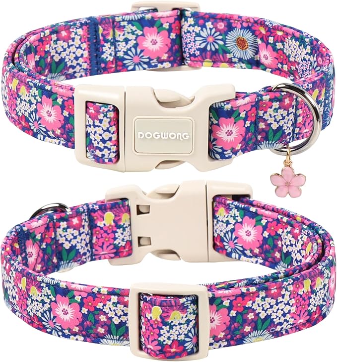DOGWONG Spring Floral Girly Dog Collar-Cute Floral Daisy Dog Collar, Adjustable Soft Girl Female Dog Collar for Small Medium Dogs, S