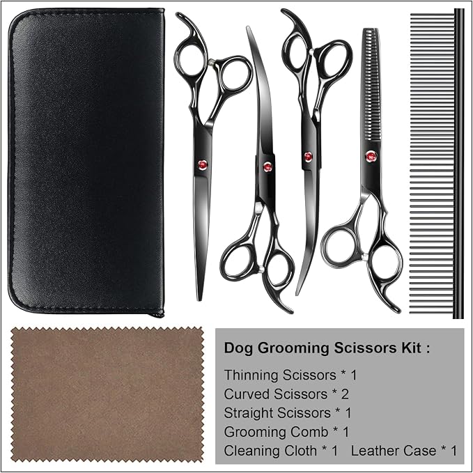 TINMARDA Dog Grooming Kit, Titanium Black Stainless Steel Dog Grooming Scissors with Curved Shears, Black Finger Rings - 5 Piece Sharp Durable Pet Shears for Dogs Cats At Home Salon-Quality Grooming